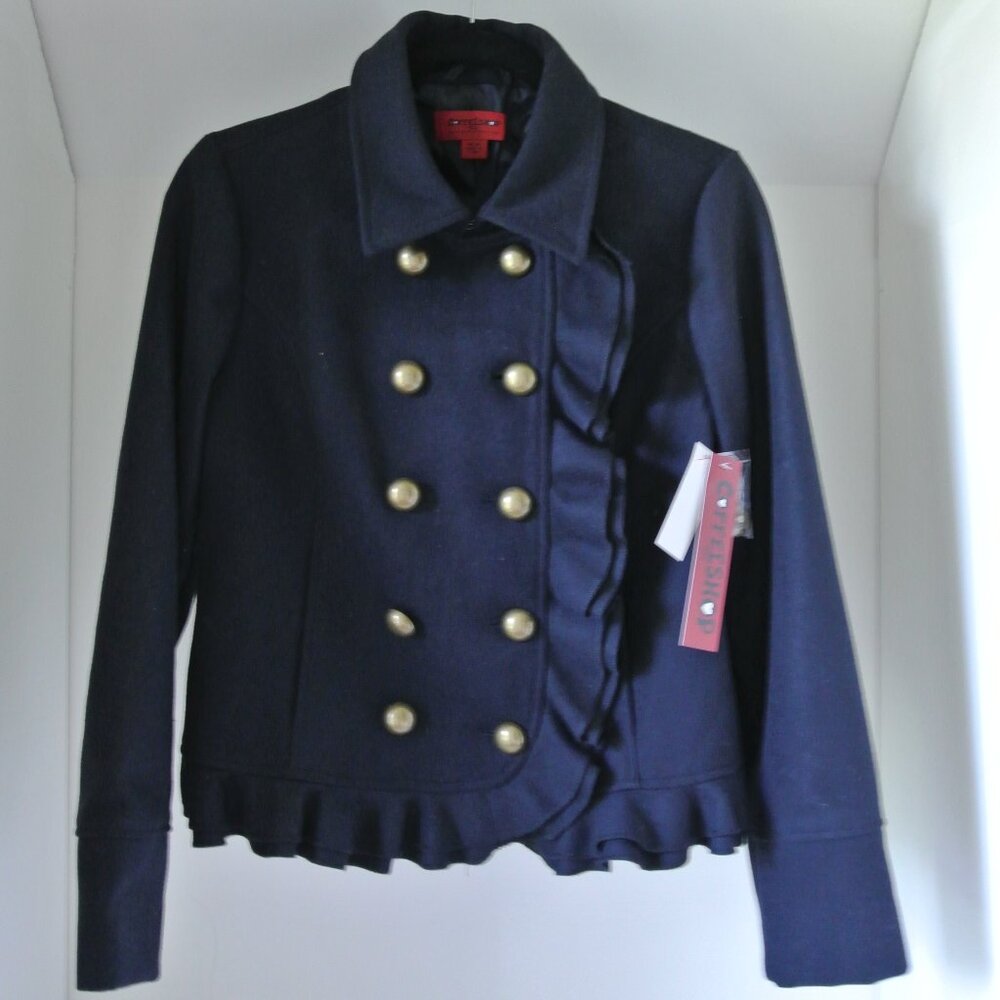 NWT CoffeeShop Junior Double Button Ruffle Front Jacket Flair 55% wool Navy M